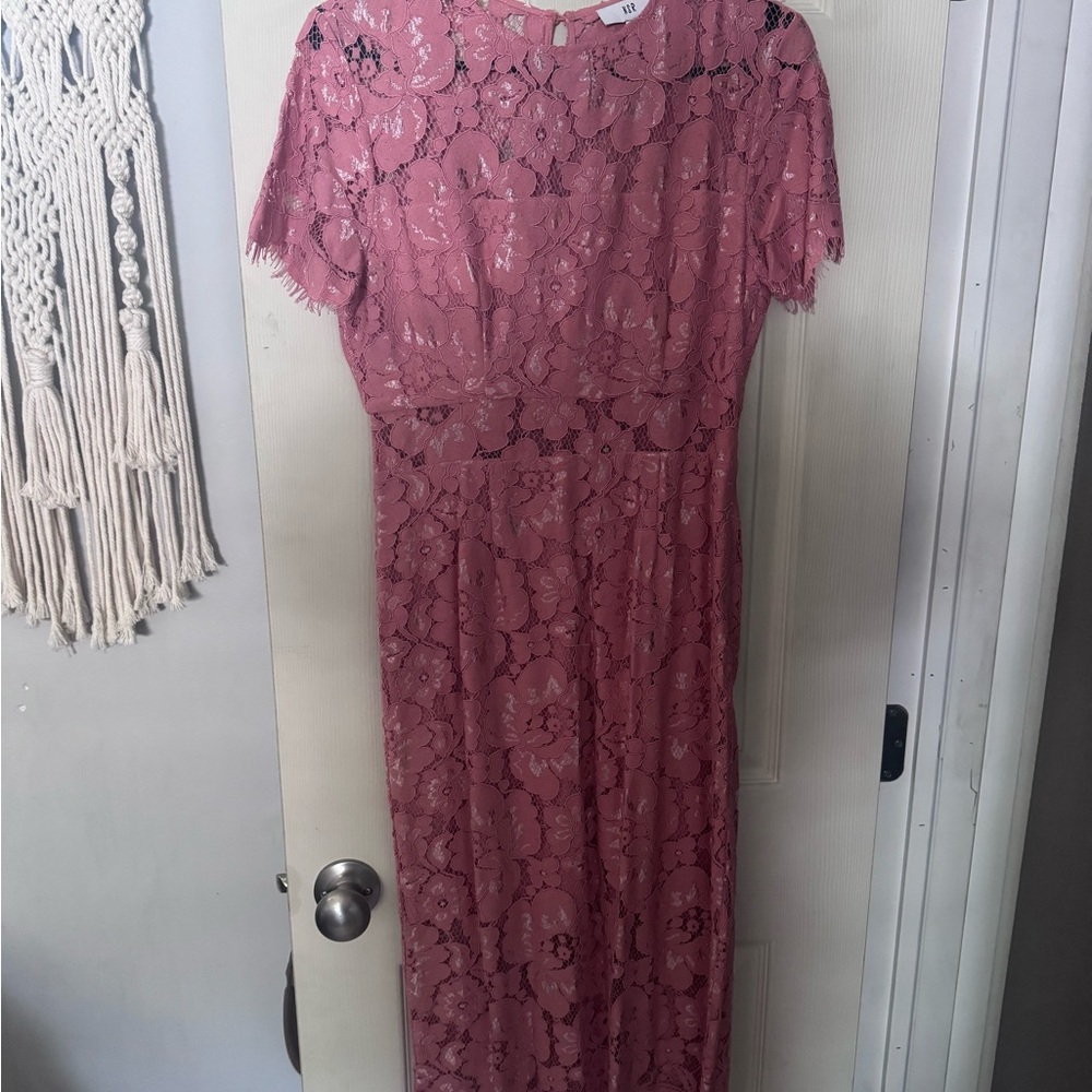 Pink Flutter Sleeve Laced Midi Dress
